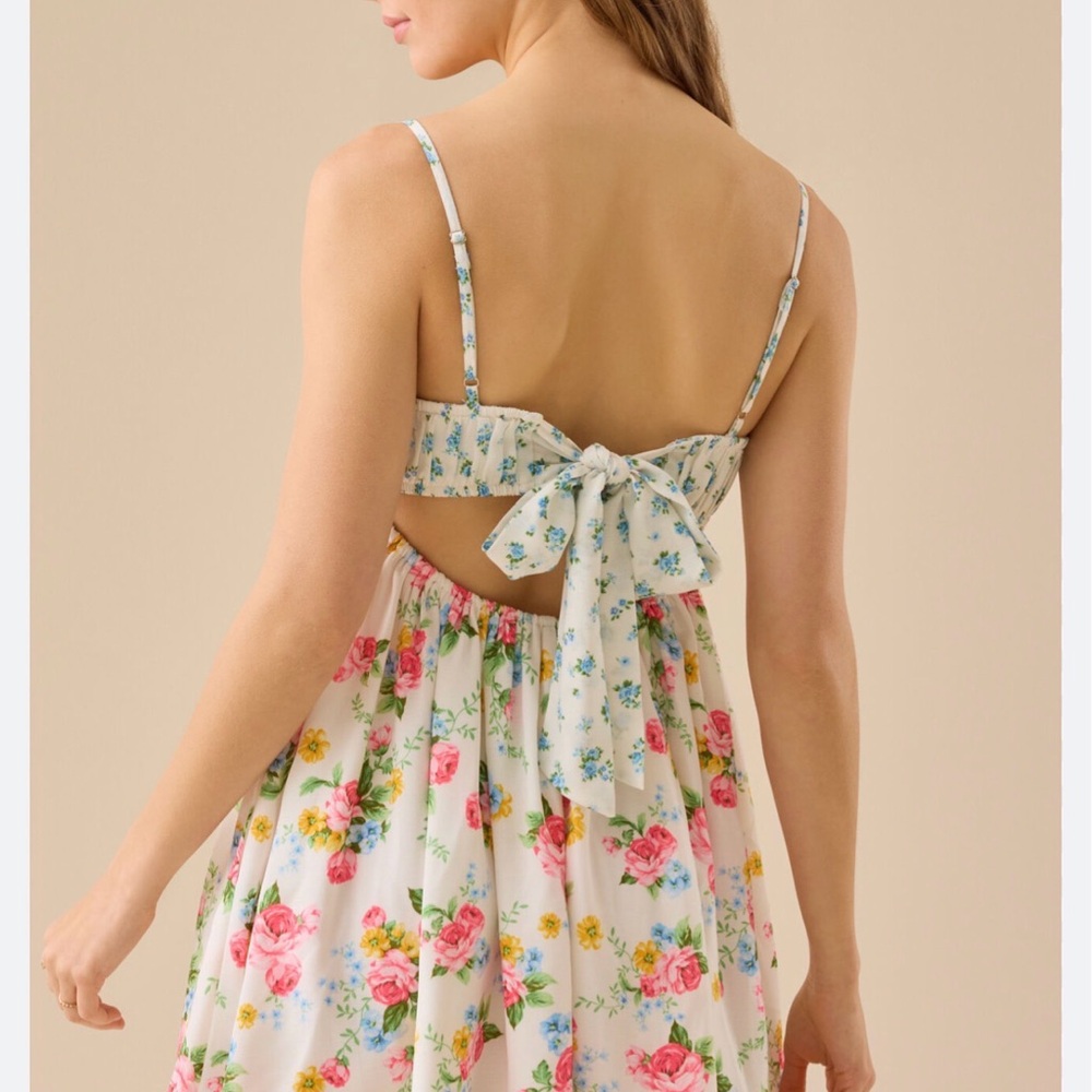 Floral Print White Babydoll Bustier Dress with Pink & Yellow Roses - Picture 2 of 7